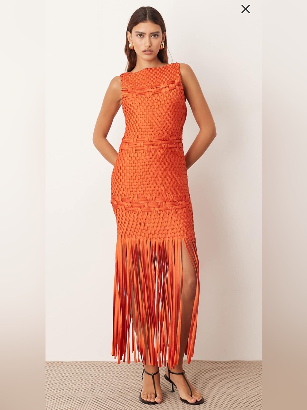 ASOS ARRANGE Lattice Handwoven Fringe Hem Midi Dress in Orange